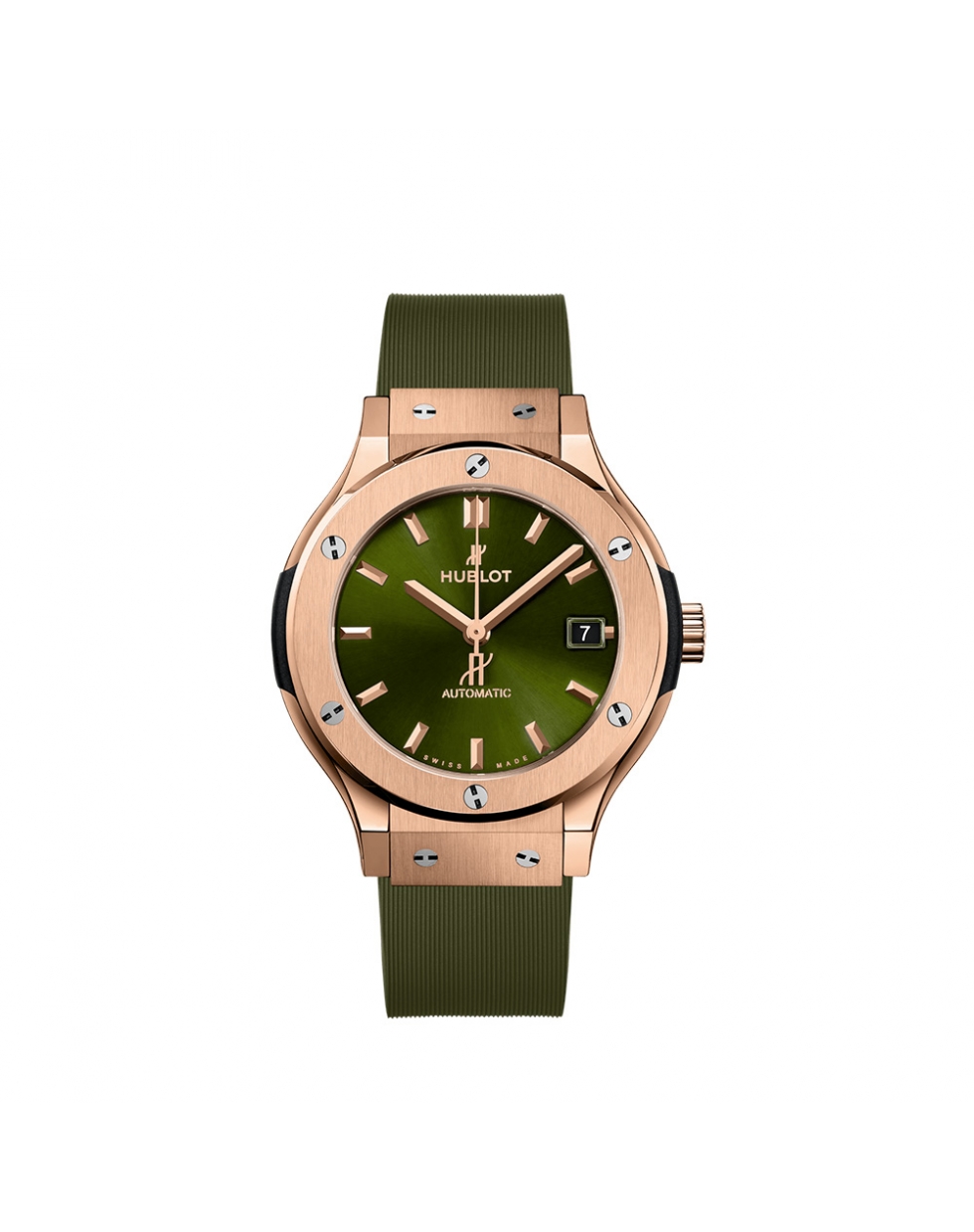 Montre Hublot Classic Fusion automatique cadran vert bracelet en caoutchouc vert ligné 38 mm