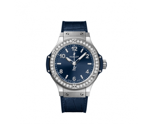 Montre Hublot Big Bang Steel Blue Diamonds quartz cadran bleu bracelet cuir d'alligator bleu 38 mm