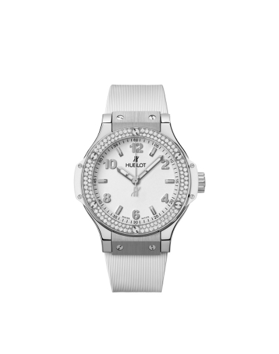 Montre Hublot Big Bang Steel White Diamonds quartz cadran blanc bracelet caoutchouc blanc 38 mm