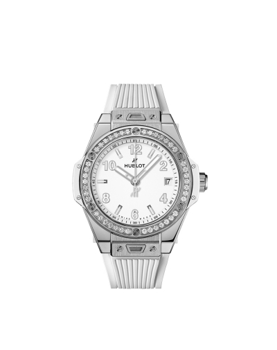 Montre Hublot Big Bang One Click Steel White Diamonds automatique cadran blanc mat bracelet caoutchouc blanc 39 mm