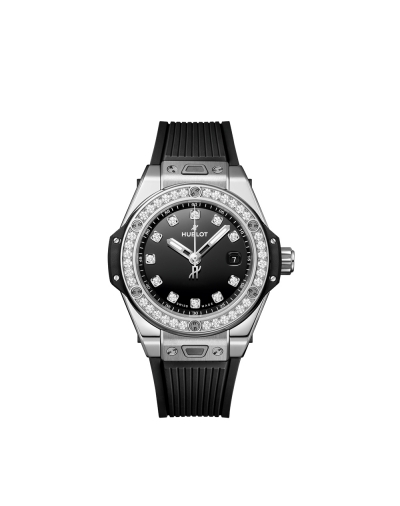 Montre Hublot Big Bang One Click Steel Diamonds automatique cadran noir sert 11 diamants bracelet caoutchouc noir 33 mm