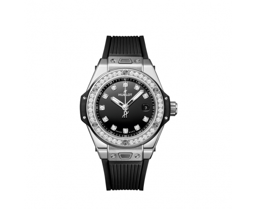 Montre Hublot Big Bang One Click Steel Diamonds automatique cadran noir sert 11 diamants bracelet caoutchouc noir 33 mm