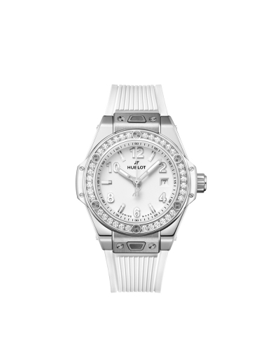Montre Hublot Big Bang One Click Steel White Diamonds automatique cadran blanc mat bracelet caoutchouc blanc 33 mm