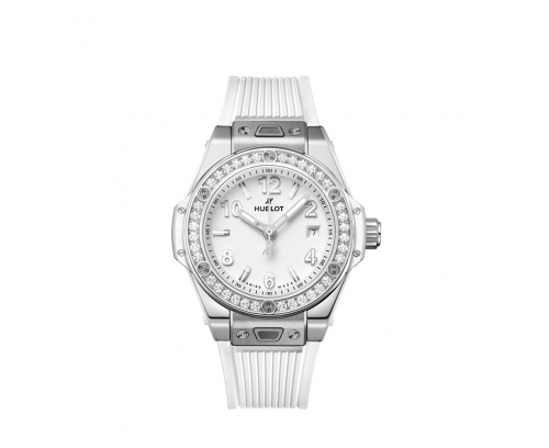 Montre Hublot Big Bang One Click Steel White Diamonds automatique cadran blanc mat bracelet caoutchouc blanc 33 mm