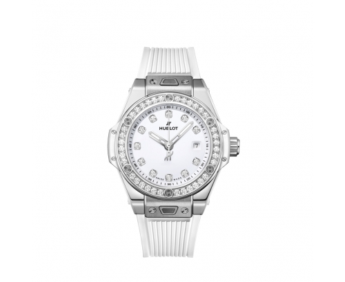 Montre Hublot Big Bang One Click Steel White Diamonds cadran blanc serti 11 diamants bracelet caoutchouc blanc 33 mm