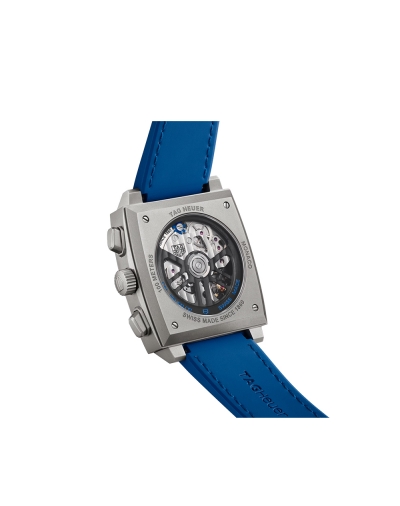 Montre TAG Heuer Monaco automatique cadran bleu bracelet caoutchouc et cuir bleu 39 mm
