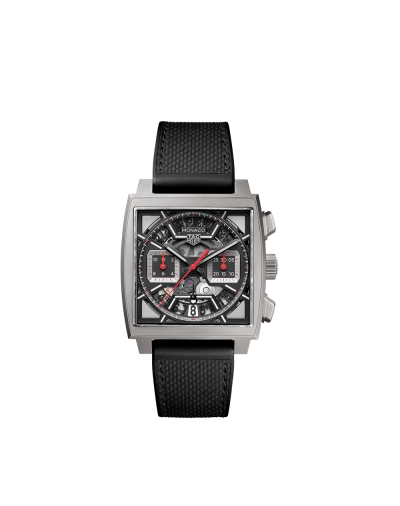 Montre TAG Heuer Monaco automatique cadran noir bracelet caoutchouc et cuir noir 39 mm