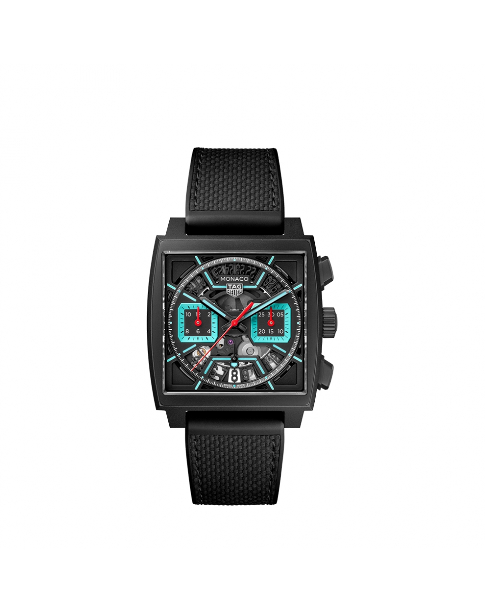 Montre TAG Heuer Monaco automatique cadran noir bracelet caoutchouc et cuir noir 39 mm