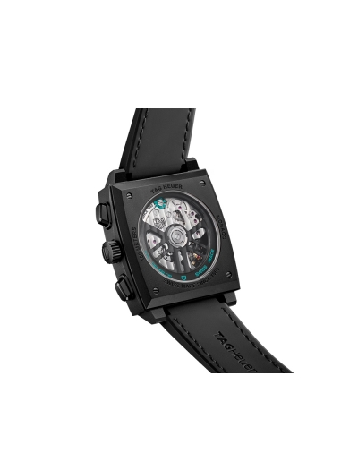 Montre TAG Heuer Monaco automatique cadran noir bracelet caoutchouc et cuir noir 39 mm