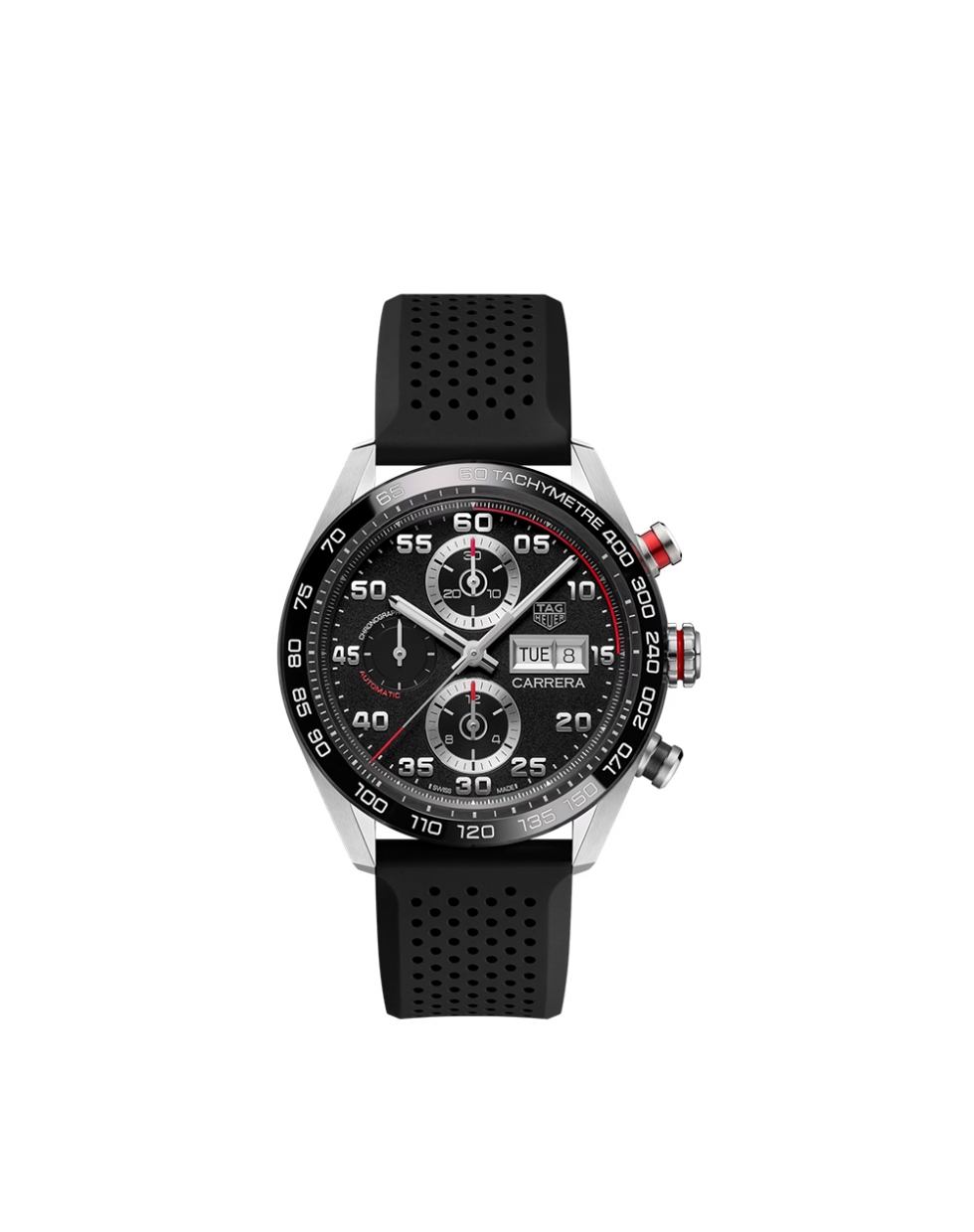 Montre TAG Heuer Carrera chronographe automatique cadran noir bracelet caoutchouc noir 44 mm