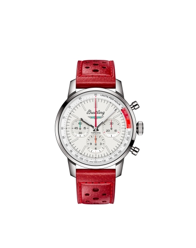 Montre Breitling Top Time automatique cadran blanc bracelet droit en cuir de veau rouge perforé 41 mm