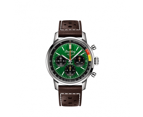 Montre Breitling Top Time automatique cadran vert bracelet droit en cuir de veau marron perforé 41 mm