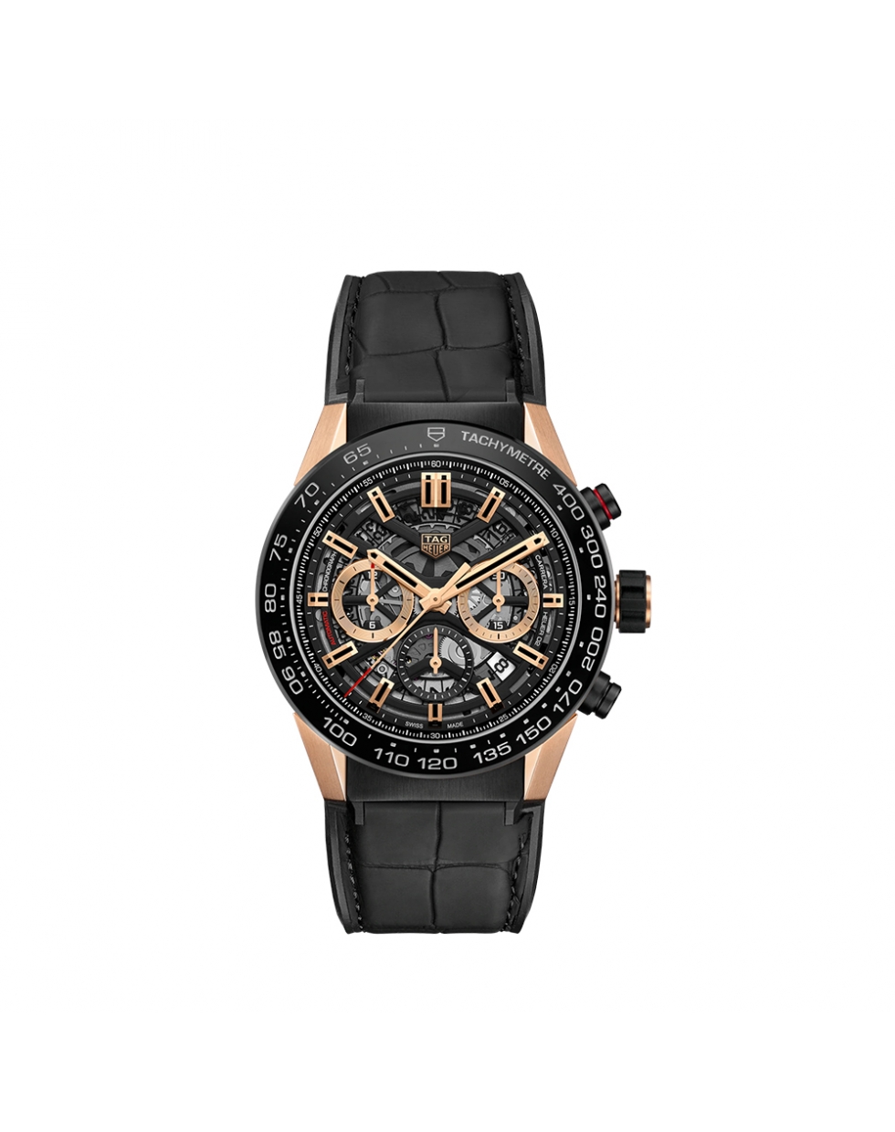 Montre TAG Heuer Carrera automatique cadran noir bracelet en caoutchouc et cuir d'alligator noir 45 mm