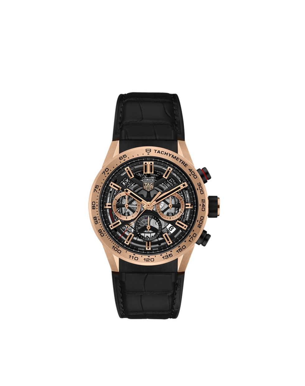 Montre TAG Heuer Carrera automatique cadran or rose 18K 5N bracelet en caoutchouc et cuir d'alligator noir 43 mm