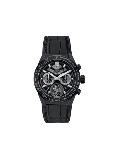 Montre TAG Heuer Carrera chronographe Tourbillon cadran noir bracelet en caoutchouc et cuir d'alligator noir 45 mm