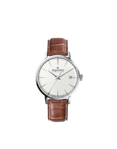 Montre Pequignet Attitude automatique cadran blanc opalin bracelet en cuir brun 39 mm