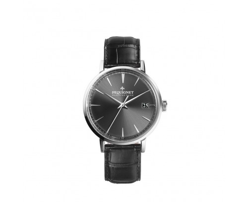 Montre Pequignet Attitude automatique cadran gris bracelet en cuir noir 39 mm