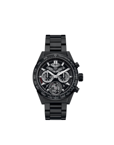 Montre TAG Heuer Carrera chronographe Tourbillon cadran noir bracelet céramique noire 45 mm