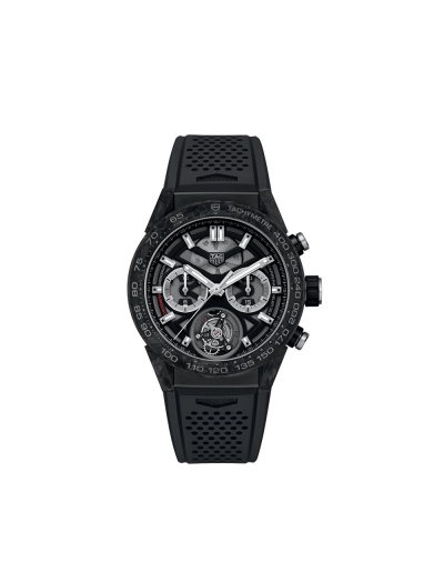 Montre TAG Heuer Carrera chronographe Tourbillon cadran noir bracelet caoutchouc noir 45 mm