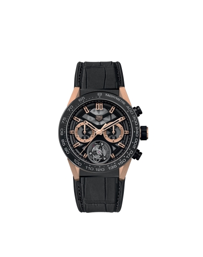 Montre TAG Heuer Carrera chronographe Tourbillon cadran squeletté noir bracelet cuir d'alligator noir 45 mm