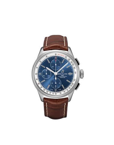 Montre Breitling Premier Chronograph automatique cadran bleu bracelet en cuir d'alligator brun 42 mm