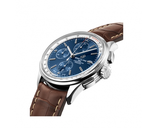 Montre Breitling Premier Chronograph automatique cadran bleu bracelet en cuir d'alligator brun 42 mm