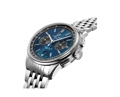 Montre Breitling Premier Chronograph automatique cadran bleu bracelet acier 42 mm