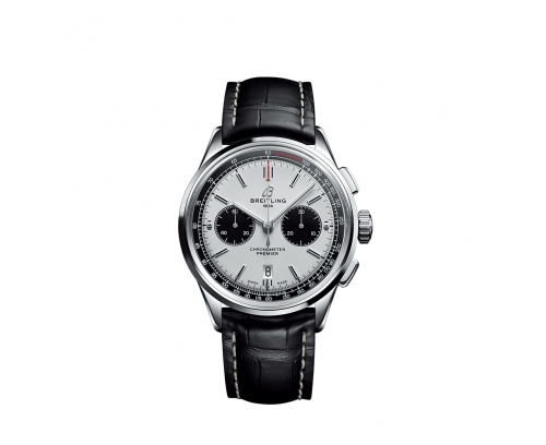 Montre Breitling Premier B01 Chronograph automatique cadran argent bracelet en cuir d'alligator noir 42 mm