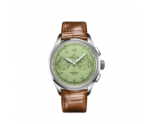 Montre Breitling Premier B09 Chronograph manuel cadran vert pistache bracelet en cuir d'alligator marron doré 40 mm