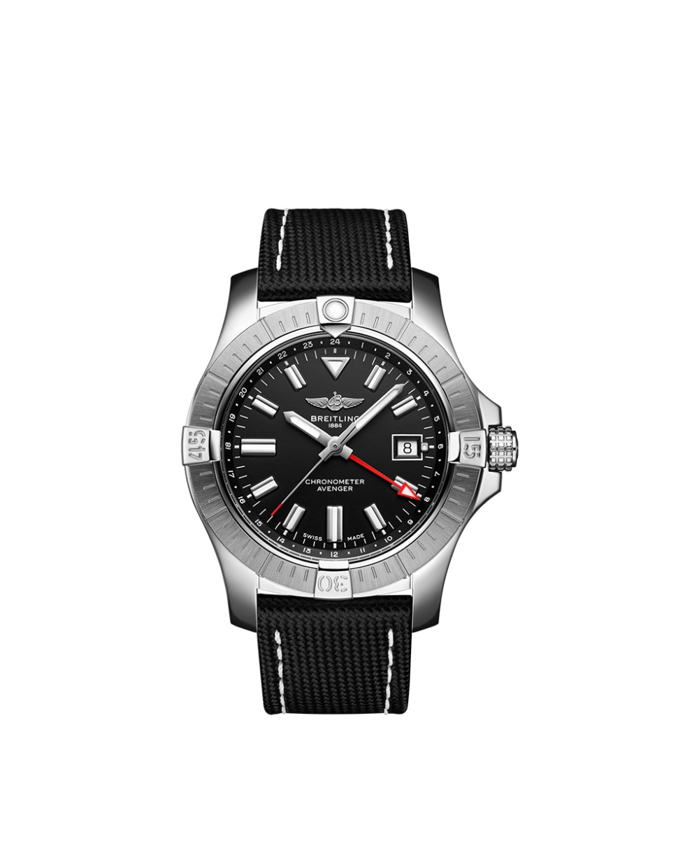 Montre Breitling Avenger Automatic GMT automatique cadran noir bracelet en cuir de veau noir 43 mm