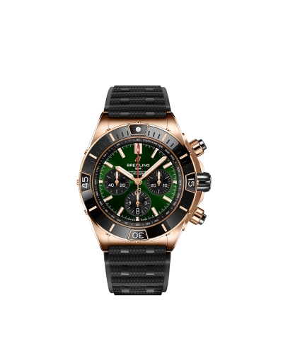 Montre Breitling Super Chronomat B01 automatique or rouge 18 carats cadran vert bracelet caoutchouc noir 44 mm
