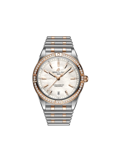 Montre Breitling Chronomat automatique cadran nacre blanche index diamants bracelet acier et or rouge 18 carats 36 mm