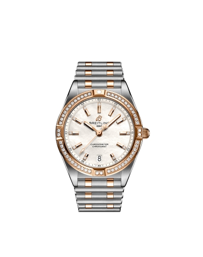 Montre Breitling Chronomat SuperQuartz™ cadran nacre blanche index diamants bracelet acier et or rouge 18 carats 32 mm