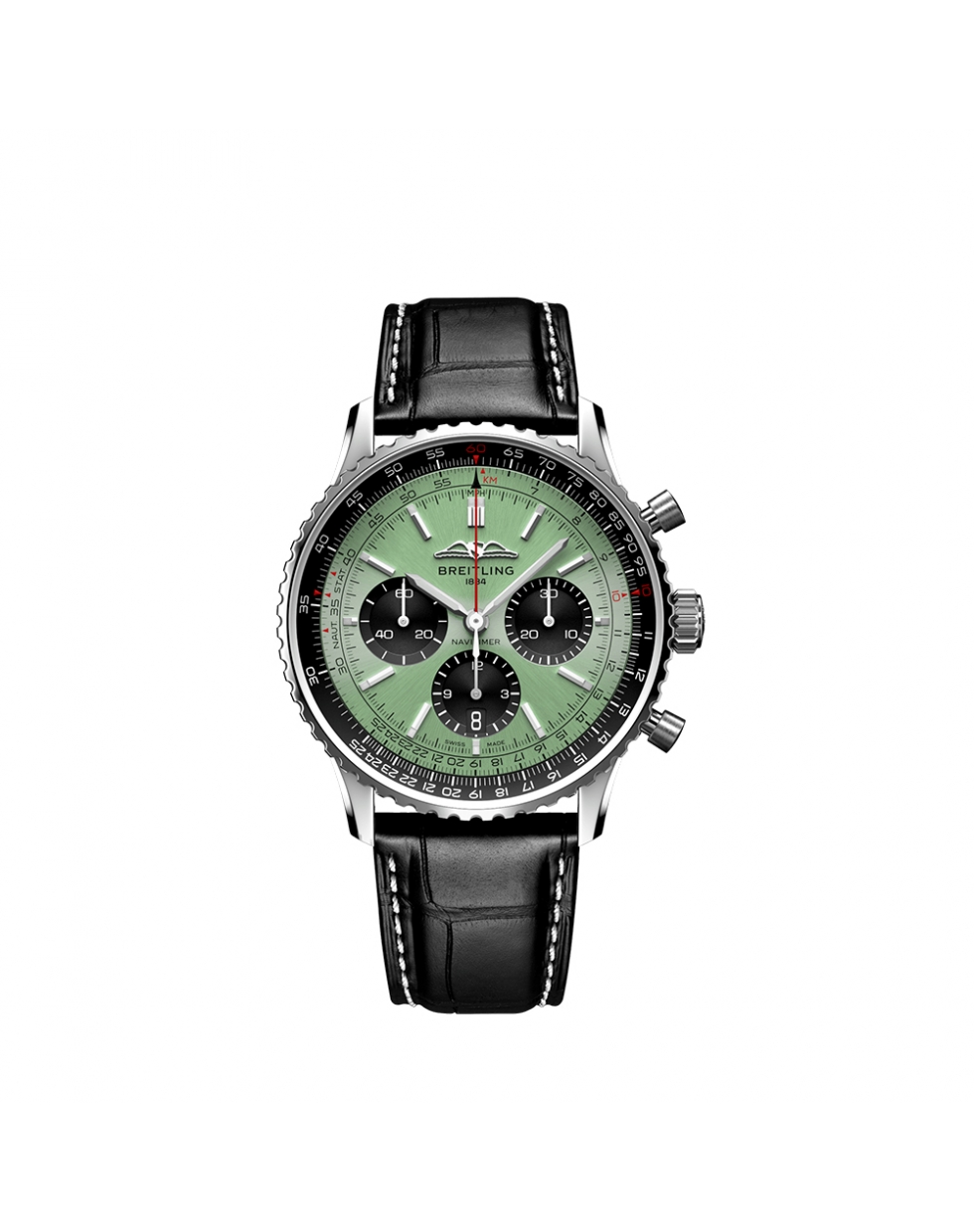 Montre Breitling Navitimer B01 Chronograph automatique cadran vert menthe bracelet en cuir d’alligator noir 43 mm