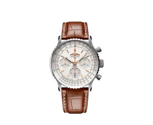 Montre Breitling Navitimer B01 Chronograph automatique cadran argent bracelet en cuir d’alligator brun doré 41 mm