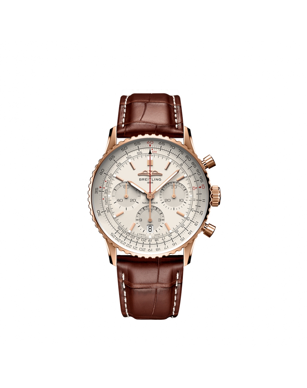 Montre Breitling Navitimer B01 Chronograph automatique cadran argent bracelet en cuir d’alligator brun 41 mm