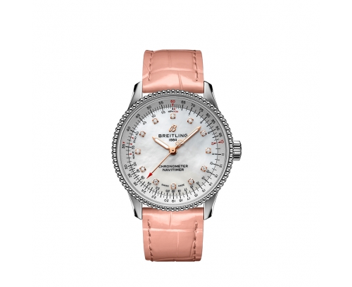 Montre Breitling Navitimer Automatic cadran nacre index diamants bracelet en cuir d’alligator rose 35 mm