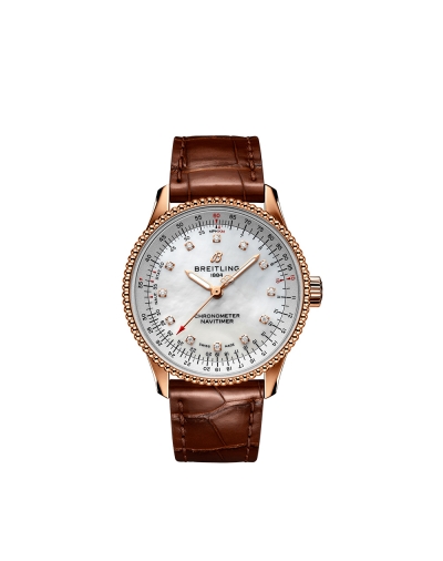 Montre Breitling Navitimer Automatic cadran nacre index diamants bracelet en cuir d’alligator brun 35 mm