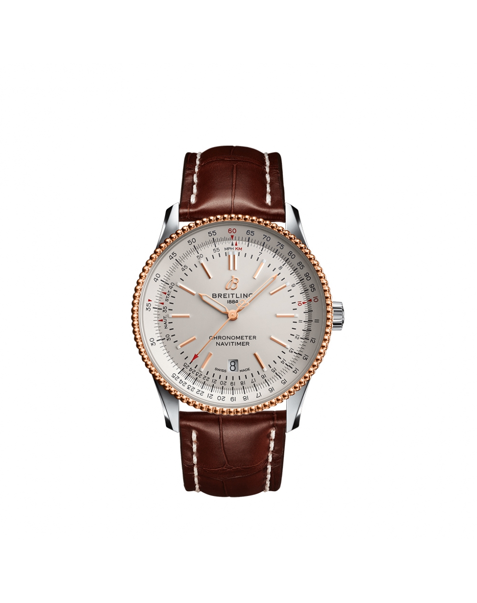 Montre Breitling Navitimer Automatic cadran argent bracelet en cuir d’alligator brun 41 mm