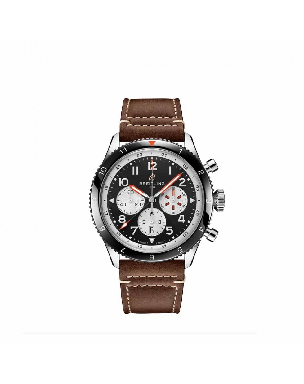 Montre Breitling Super Avi B04 Chronograph GMT Mosquito automatique cadran noir bracelet en cuir de veau brun 46 mm