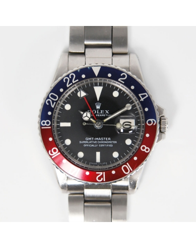 Rolex GMT Master 1675 "Long E" automatique acier lunette bleue et rouge cadran noir bracelet acier