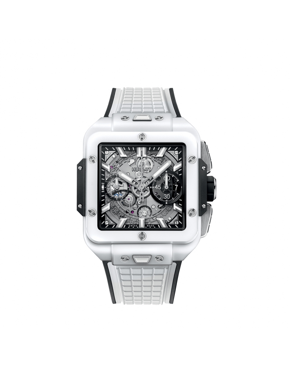 Montre Hublot Square Bang Unico White Ceramic automatique cadran verre saphir bracelet caoutchouc blanc 42 mm