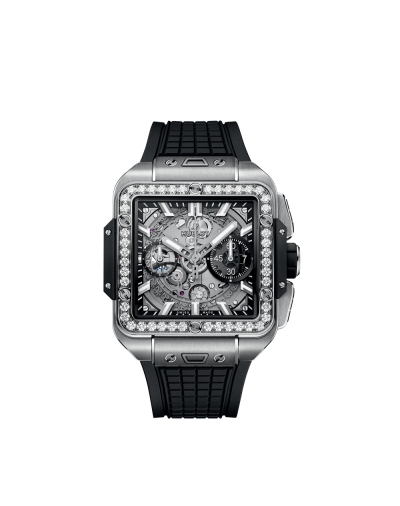 Montre Hublot Square Bang Unico Titanium Diamonds automatique cadran verre saphir bracelet caoutchouc noir 42 mm