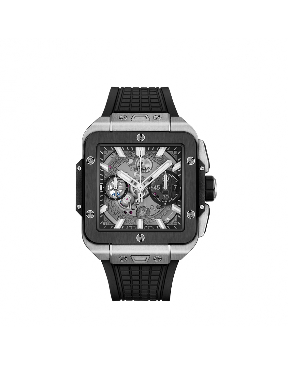 Montre Hublot Square Bang Unico Titanium Ceramic automatique cadran verre saphir bracelet caoutchouc noir 42 mm