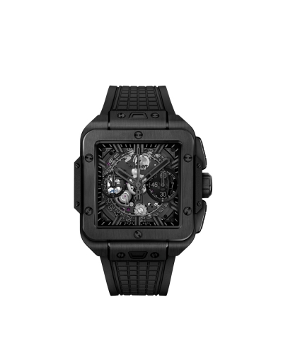 Montre Hublot Square Bang Unico All Black automatique cadran verre saphir bracelet caoutchouc noir 42 mm