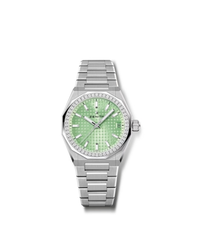 Montre Zenith Defy Skyline automatique cadran vert pastel sertie diamants bracelet acier 36 mm