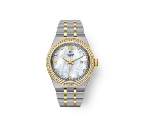 Montre Tudor Royal automatique cadran nacre blanche index diamants bracelet en or jaune 18 carats 28 mm