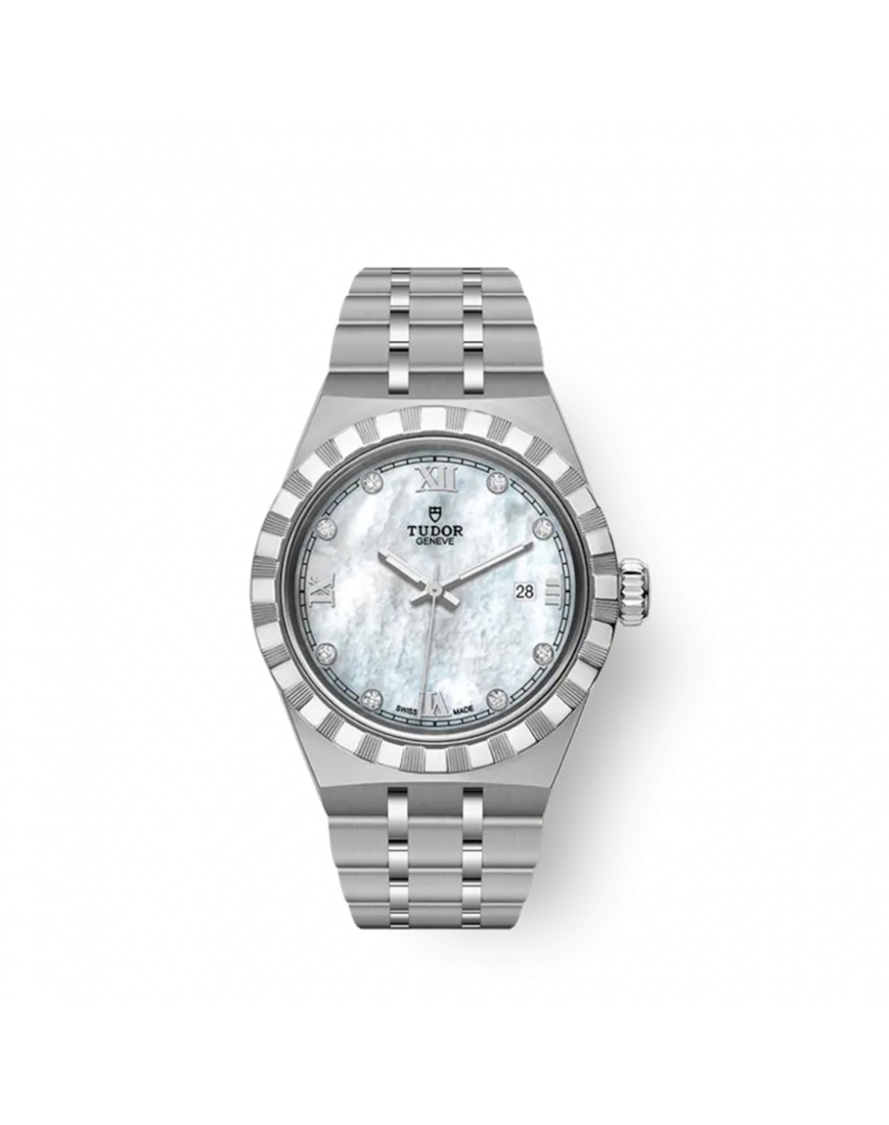 Montre Tudor Royal automatique cadran nacre index diamants blanche bracelet acier 28 mm