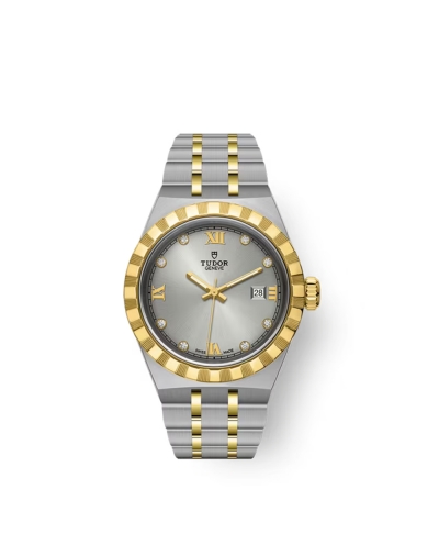 Montre Tudor Royal automatique cadran argenté index diamants blanche bracelet en acier et or jaune 18 carats 28 mm