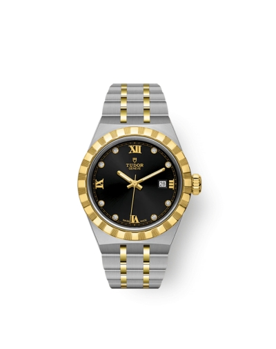 Montre Tudor Royal automatique cadran noir index diamants bracelet en acier et or jaune 18 carats 28 mm